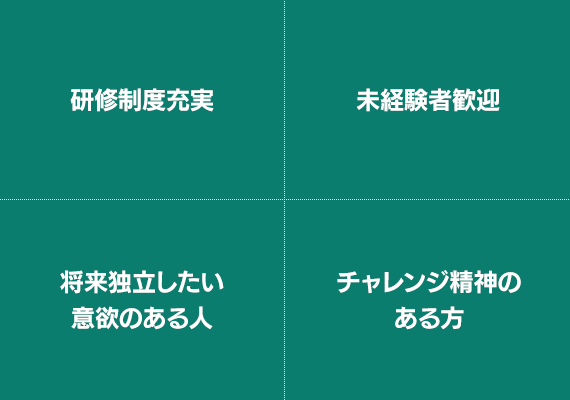 研修制度充実 未経験者歓迎 将来独立したい意欲のある人 チャレンジ精神のある方